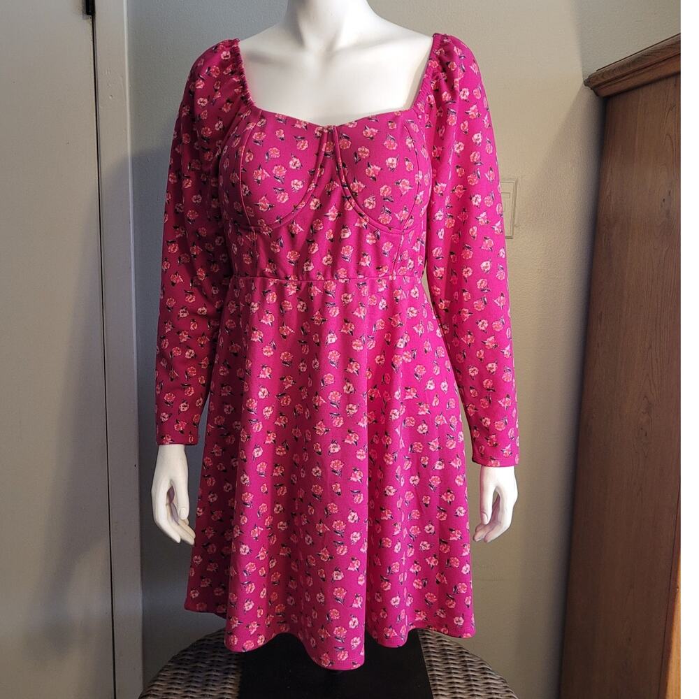 Madden NYC Pink Floral Mini Dress Sz 2X Scoop Back Built-In Bra Stretch Quietlux